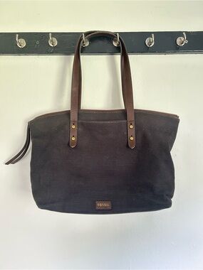 Fossil Dark Brown Canvas Tote with Leather Straps